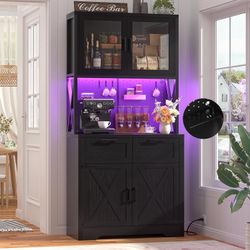 71" Pantry Cabinet with LED Light & Outlet, Tall Kitchen Pantry Storage Cabinet with Microwave Stand, DIY Pegboard, Drawers and Adjustable shelf, Farm
