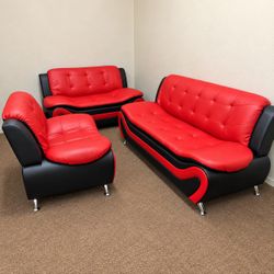 Red and Black Faux Leather Sofa Set 3-Piece