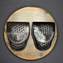 Bianchi Leather Handcuff Case #35P (Lot Of 2) Black Basket Weave  Hidden Snap