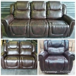 Brand New Brown Leather 3pc Reclining Set With Copper Nail Studded Trim