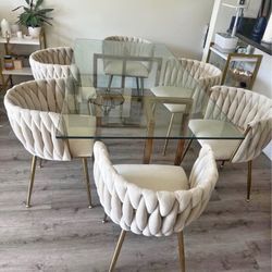Modern Glass Dining Table & 6 Beige Velvet Chairs