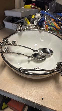 White Ceramic Bowl with Silver Floral Frame and Spoons