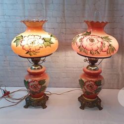 Victorian Mid Century Peach Colored 28 Tall With The Hurricane  Glass HandPainted Priced By Each  