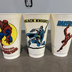 6 Original 1975 7-11 Marvel Slurpee Cups Spider-Man Daredevil Thing Watcher Black Knight Ka-Zar