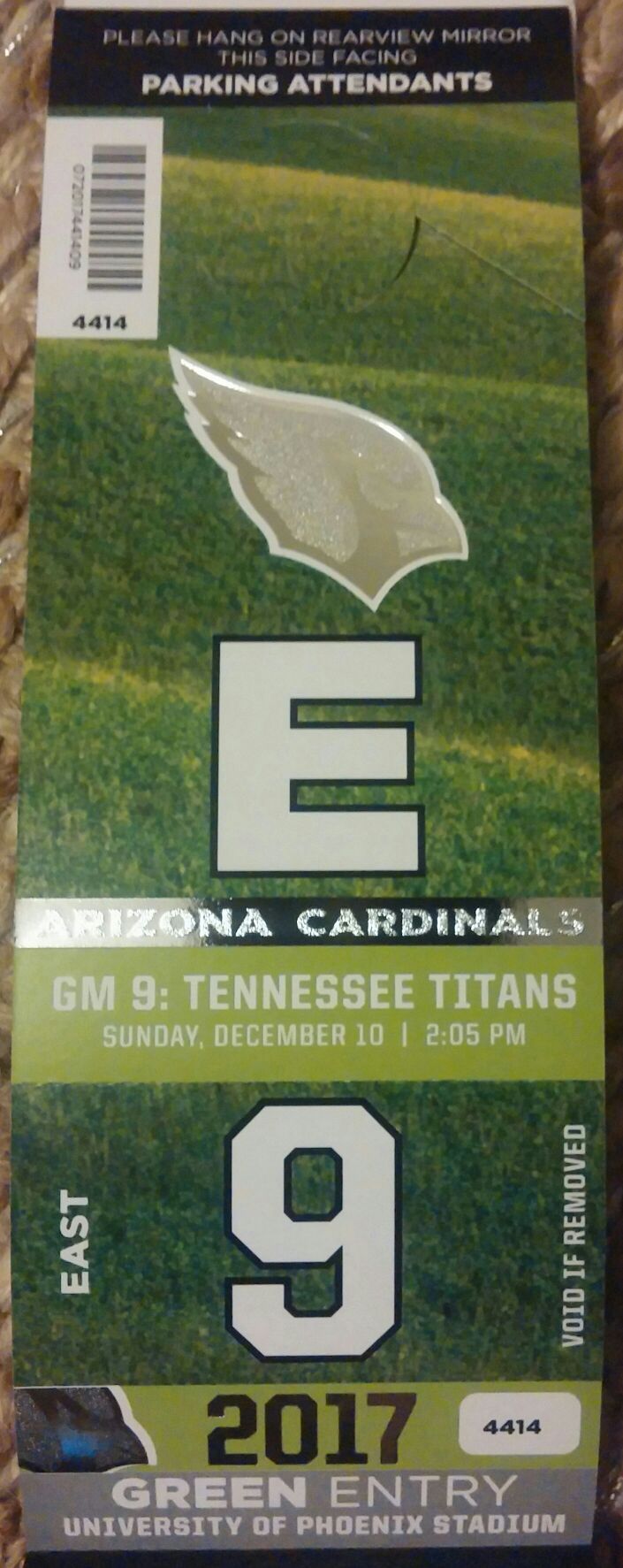 Tennessee Titans vs Arizona Cardinals (3) GREEN EAST lot Parking Passes - games 9 - 10 available