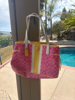 Coach Signature Tote Bag Pink Yellow Stripe