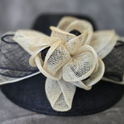 Black and Cream Church Hat – Elegant Wide Brim with Bow Accent