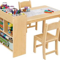OOOK Kids Art Table and 2 Chairs, Toddler Activity Table with Large Storage Shelves, Wood Activity Desk for Writing Drawing Suitable for Playrooms & C