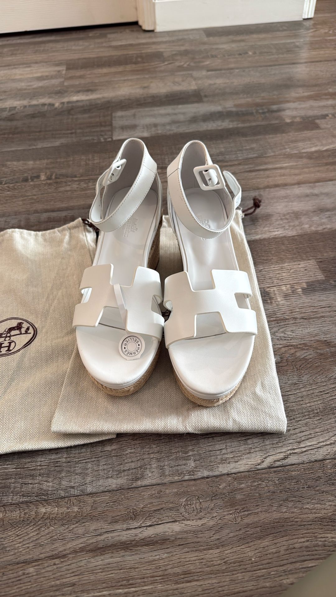 Hermes White Sandals Cross-Strap Wedge