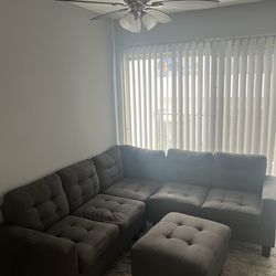 Dark Blue Sectional Couch + Ottoman – Modern, Comfortable