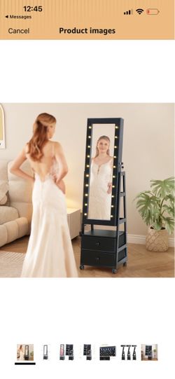 Jewelry Armoire Cabinet Organizer Standing with 20 LED Lights Lockable Full Length Mirror with Storage Shelves and 2 Drawers (Black) Adjustable Tilt A
