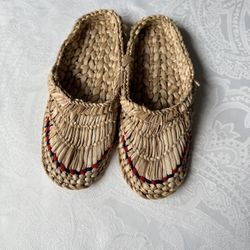 Vintage Russian Braided Bast Shoes Lapti - Traditional Folk Footwear Collectible. Woven of wooden bast. Authentic, hand made. Crafted with attention t