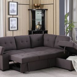 87.75" Brown Linen Sleeper Sectional Sofa with Storage Ottoman, Storage Arm