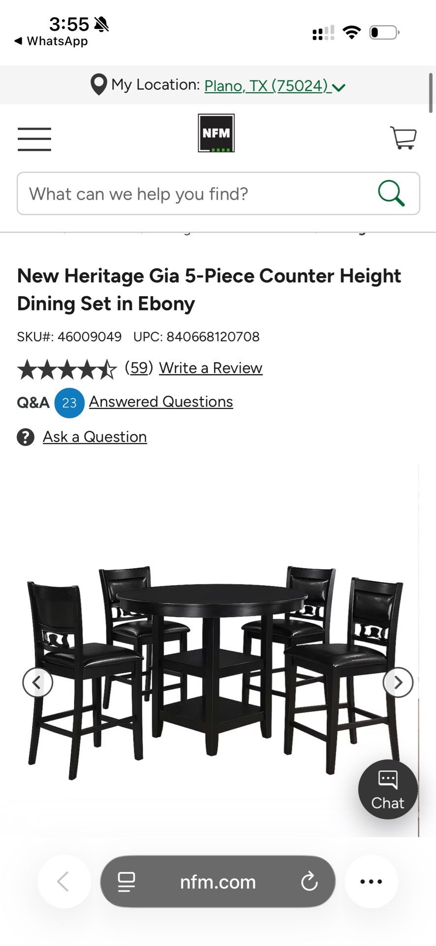Fully assembled Heritage Gia 5-Piece Counter Height Dining Set in Ebony