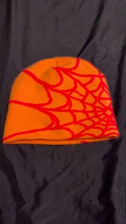 Pink Knit Beanie with Red Spiderweb Print