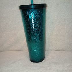 Starbucks 2017 Cold Cup 24oz Tumbler Embossed Tin Floral Metallic Foil Teal Blue