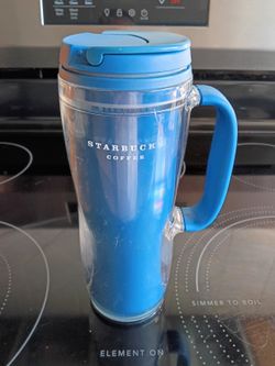 RARE 2008 STARBUCKS BLUE ACRYLIC COFFEE CUP TEA MUG  TUMBLER W/RUBBER HANDLE 16 Oz.