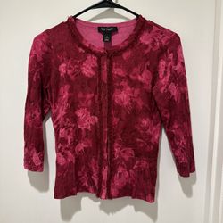 White House Black Market Red Pink Floral Print Cardigan Sweater Size XS