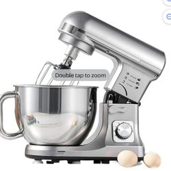 FOHERE Stand Mixer with Double Hook, Multifunctional Dough Maker, 6 Speeds, 5.5 Quart Stainless Steel Bowl, Hard Dough Hook, Beater and Whisk, Silver