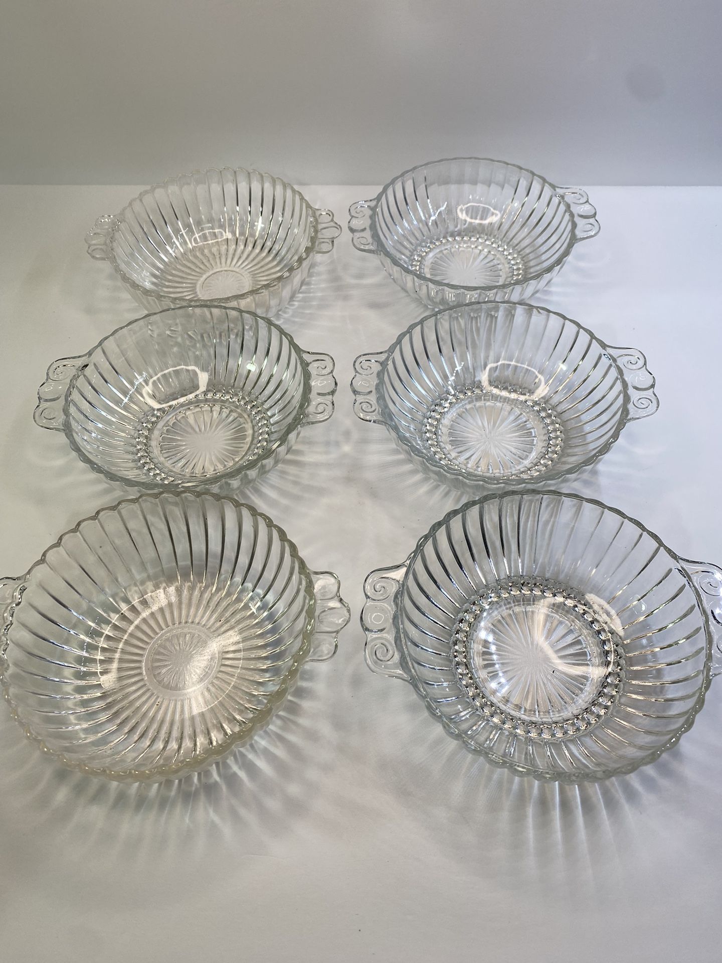 Set of (6) For $59. or $13. Each. Vintage Depression Vertical Ribbed Glass Bowl/Dish with Handles Circa 1930s Collectible Round Serving Bowl. Excellen