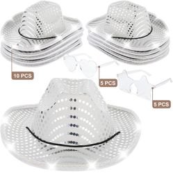 Brand New 20 PCS Cowboy Cowgirl LED Flashing Light Hats Glasses, Cowboy Hats and Heart Star Glasses for Western Cowboy Costume Sequin Hats