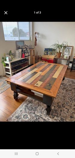 Industrial Rustic Wood Coffee Table with Wheels