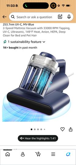 Teant Mattress Bed Vacuum Cleaner, 16 kPa Suction & 253.7nm UV-C, MV-Blue