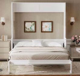 White Wood Frame Queen Murphy Bed with Desk