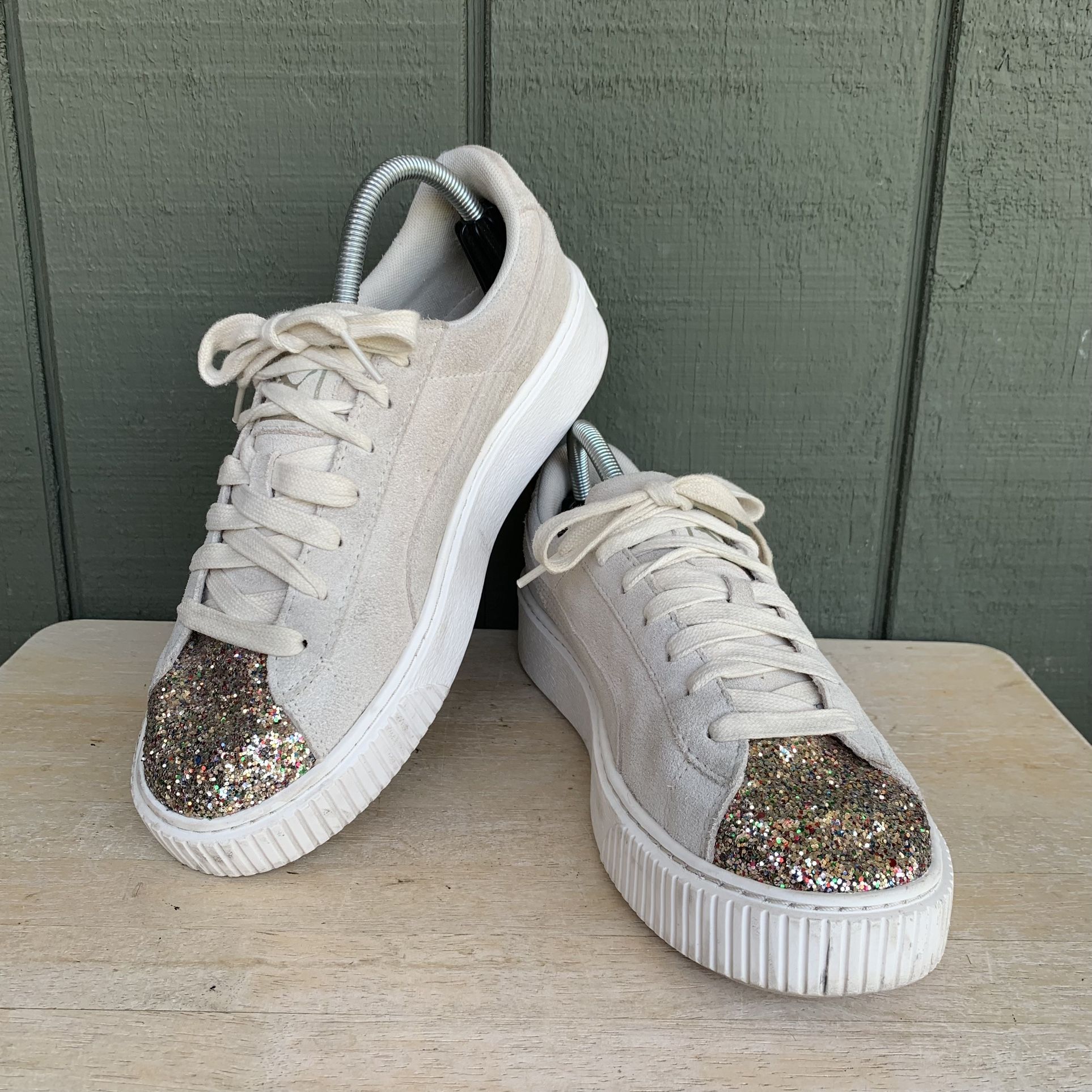 Puma Basket Womens Platform Glitter Trainers Silver US 10 EU 41 UK 7.5