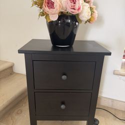 1 HEMNES Chest, nightstand with 2 drawers, black-brown. floor lamp & vase with flowers available too