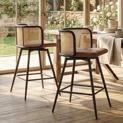 NEW 26" Swivel Rattan Bar Stools Set of 2, Counter Height Barstools, Brown