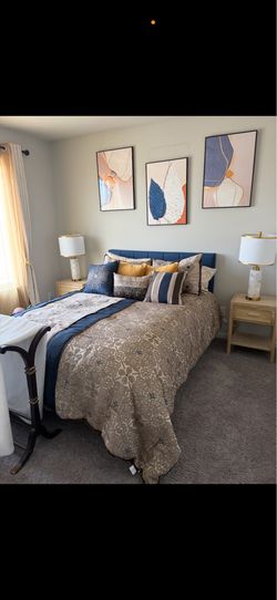 2 year old bedroom set comes with the whole bed…with bedding and pillows, mattress , pictures and end tables.