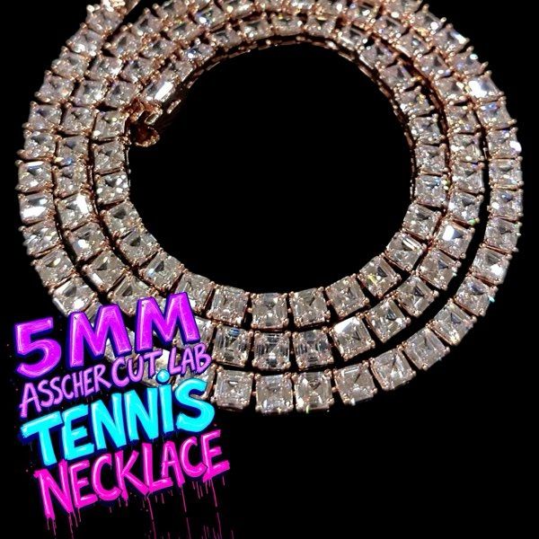 Iced-Out 5mm Asscher Cut Tennis Chain Bling Necklace– 20" Rose Gold (New w/ Pouch)