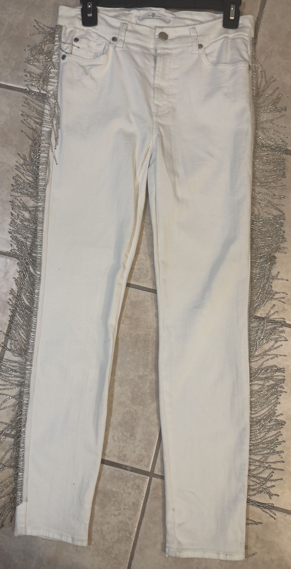 7 For All Mankind Jeans Womens 27 White Skinny Beaded Fringe Western Country Cowgirl