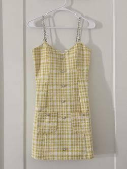 Yellow Tweed Chain Strap Mini Dress