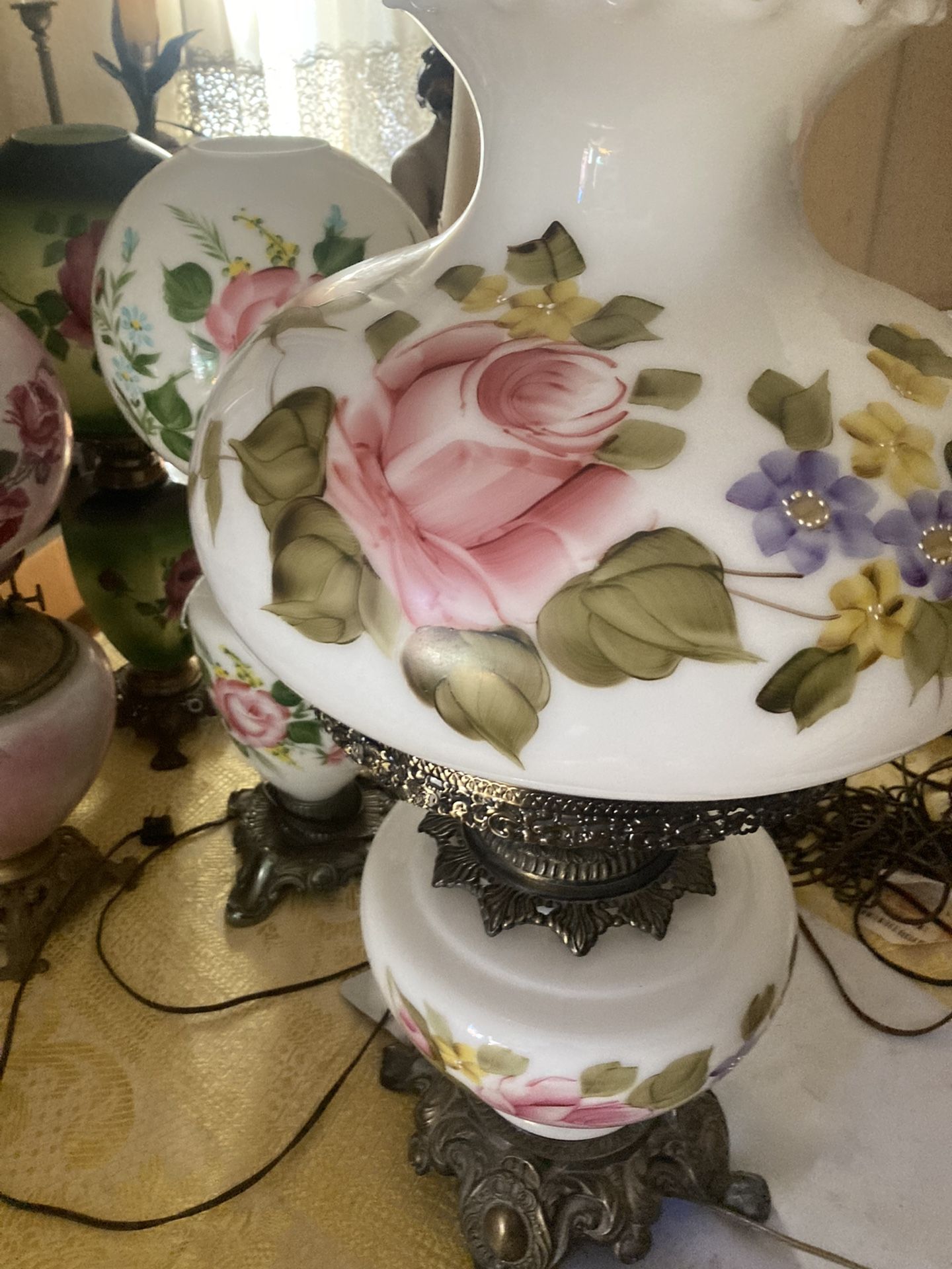 2 Large Matching Hand Painted Hurricane Lamps