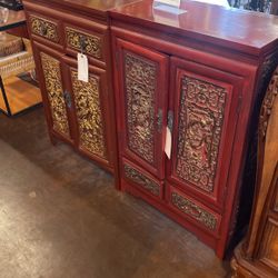 Pair Of Antique Chinese Red Lacquered Cabinets