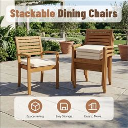 Set of 4 Acacia Wood Outdoor Dining Chairs with Beige Cushions