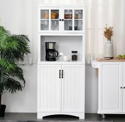 ENGLISH ELM Homcom Elegant Kitchen Hutch With Glass Doors, Adjustable Shelves & Microwave Space (White)