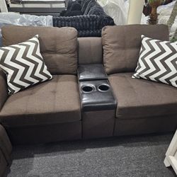 Brand New Brown Linen Loveseat With Cup Holders, Center Console, Charging Ports