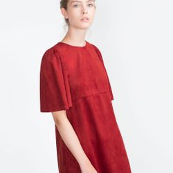 Zara Trafaluc Red Vegan Suede Leather Boxy Mini Babydoll Dress Size Xs