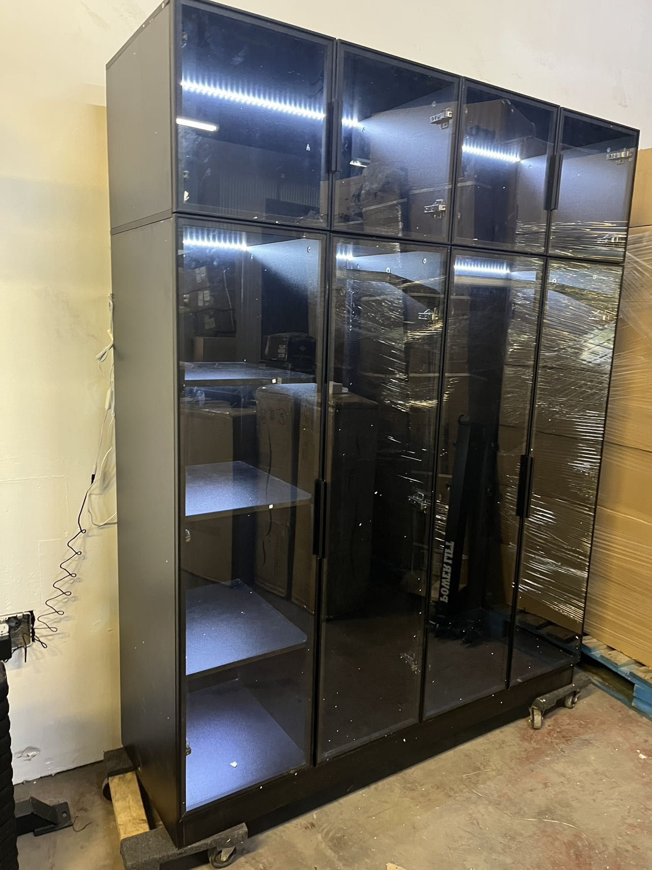 Wardrobe Cabinet with LED Light Strips, Modern Armoire Closet with Glass Doors, 59.1" W Large Bedroom Armoire Clothes Organizer with Shelve & Hanging
