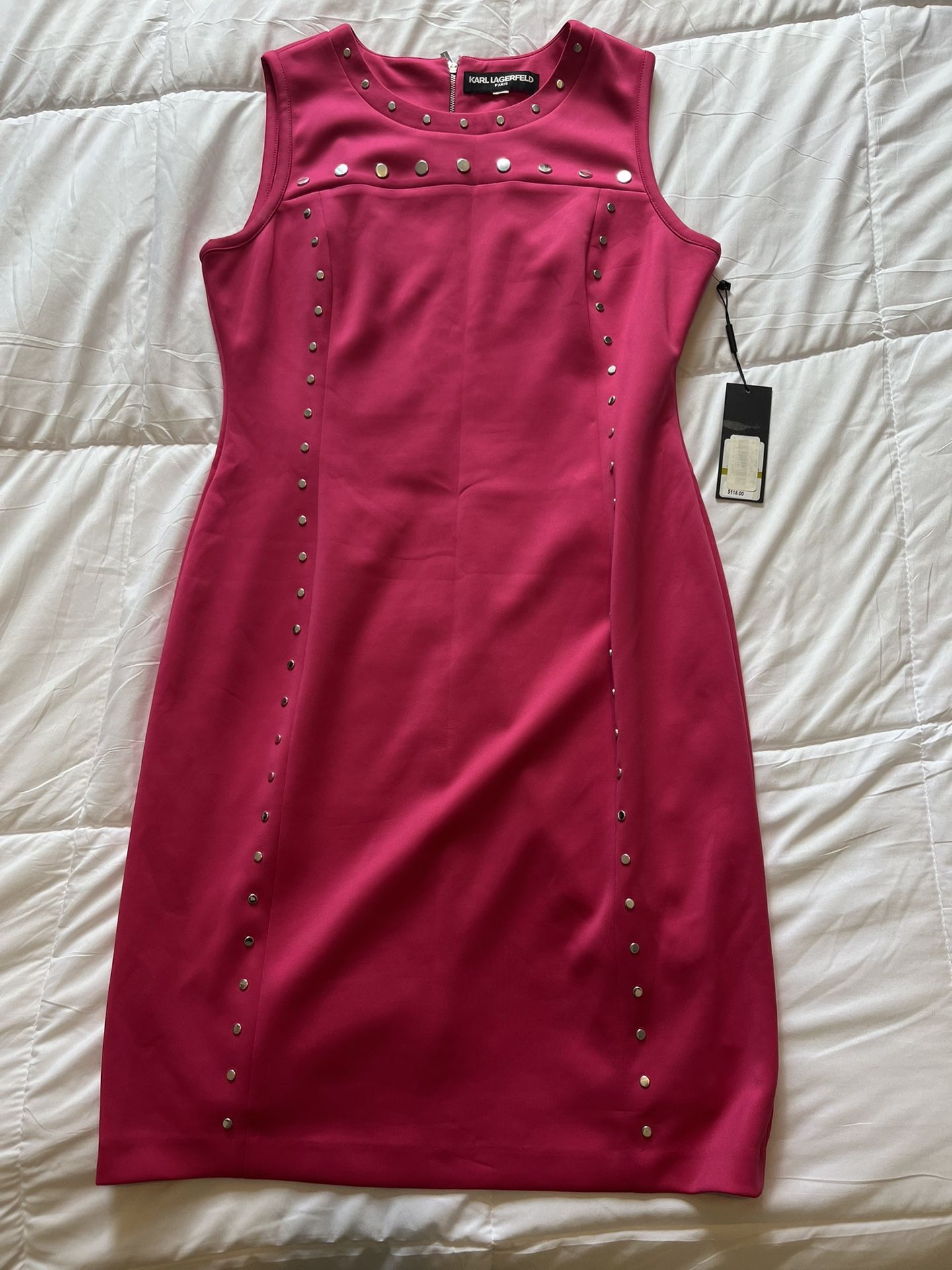 NWT Karl Lagerfeld Paris Hot Pink Silver Studs Sheath Dress Size 14 SleevelessÂ