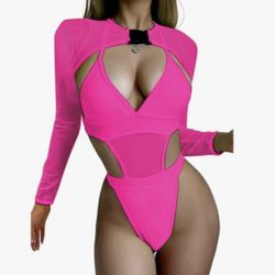 Neon Pink One Piece Bodysuit Swimsuit With Mesh Sleeve