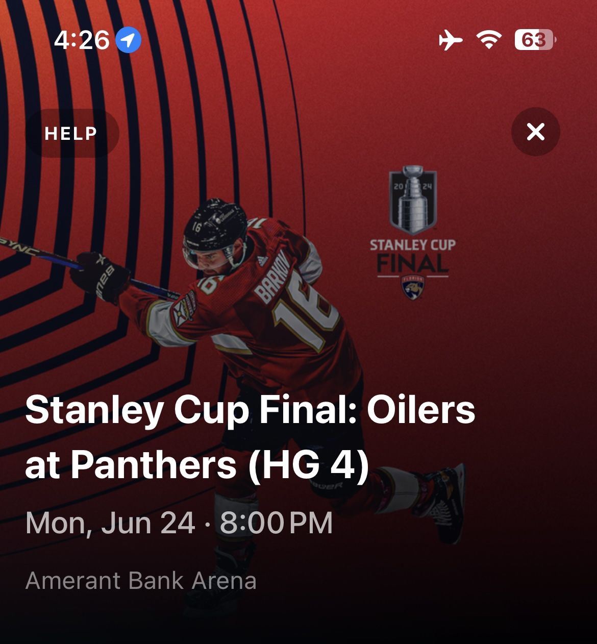 Florida Panthers v Edmonton. Oilers Stanley Cup Final Game 7 Club Parking Pas
