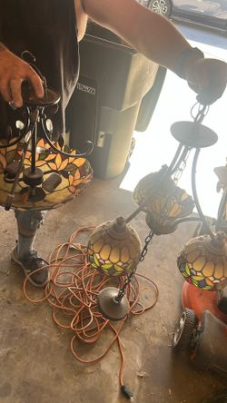 Stain Glass Chandelier, And Matching Lamp