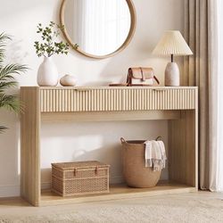 47" Fluted Console Table for Entryway with 2 Large Drawers, Oak Modern Entryway Table with Storage, Wood Sofa Table Behind Couch for Living Room, Hall