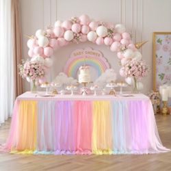 Rainbow Tulle Birthday Party Tablecloth For 6 Foot Rectangular Tables 6ft Rectangle Rainbow Table Cloths For Parties Wrinkle Free Table Cover With Tut