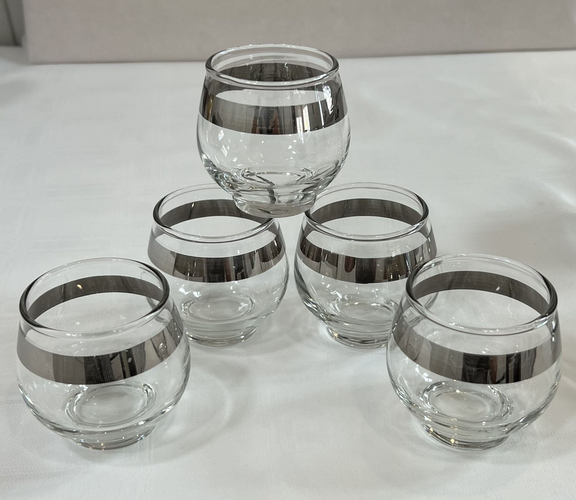 Set of 5 ~ Vintage 1960s Libbey Martini Glasses Barware ~ "Roly-Poly" Martini Cocktail Glasses Silver Band