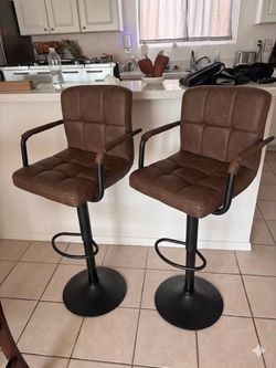 Set of 2 Brown Adjustable Bar Stools with Arms